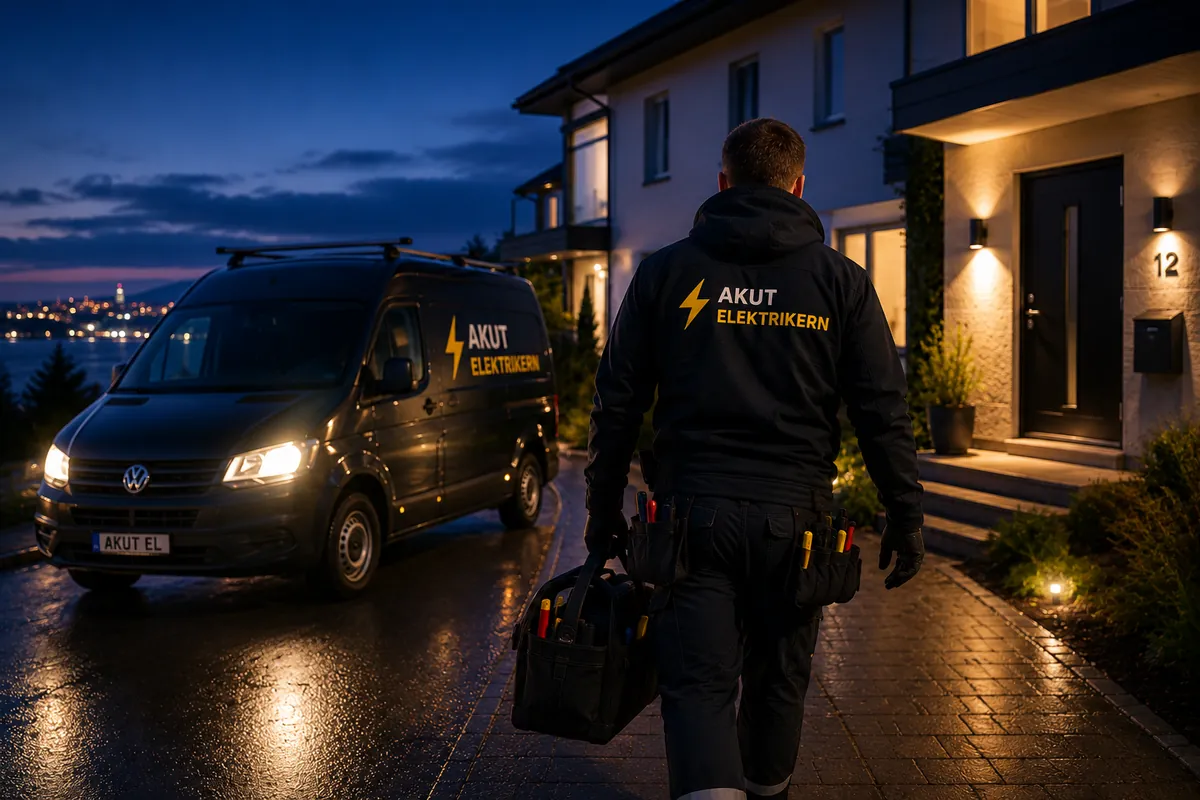 Elektriker anländer till ett akut uppdrag på kvällen.