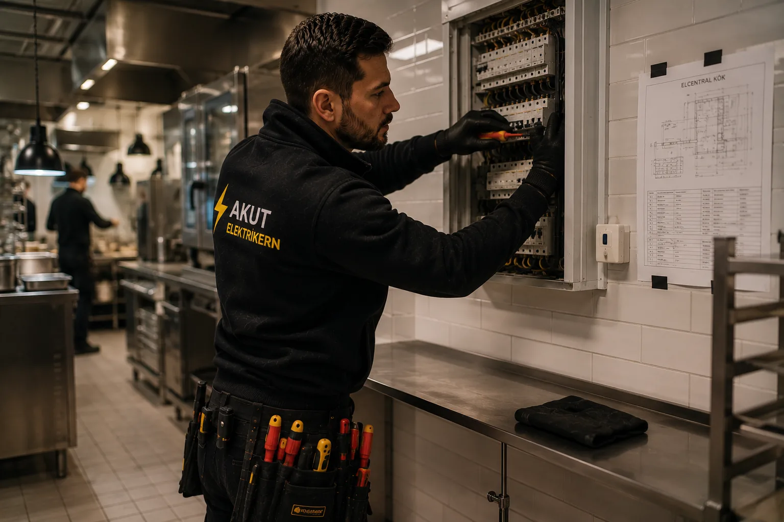 Elektriker arbetar i ett restaurangkök