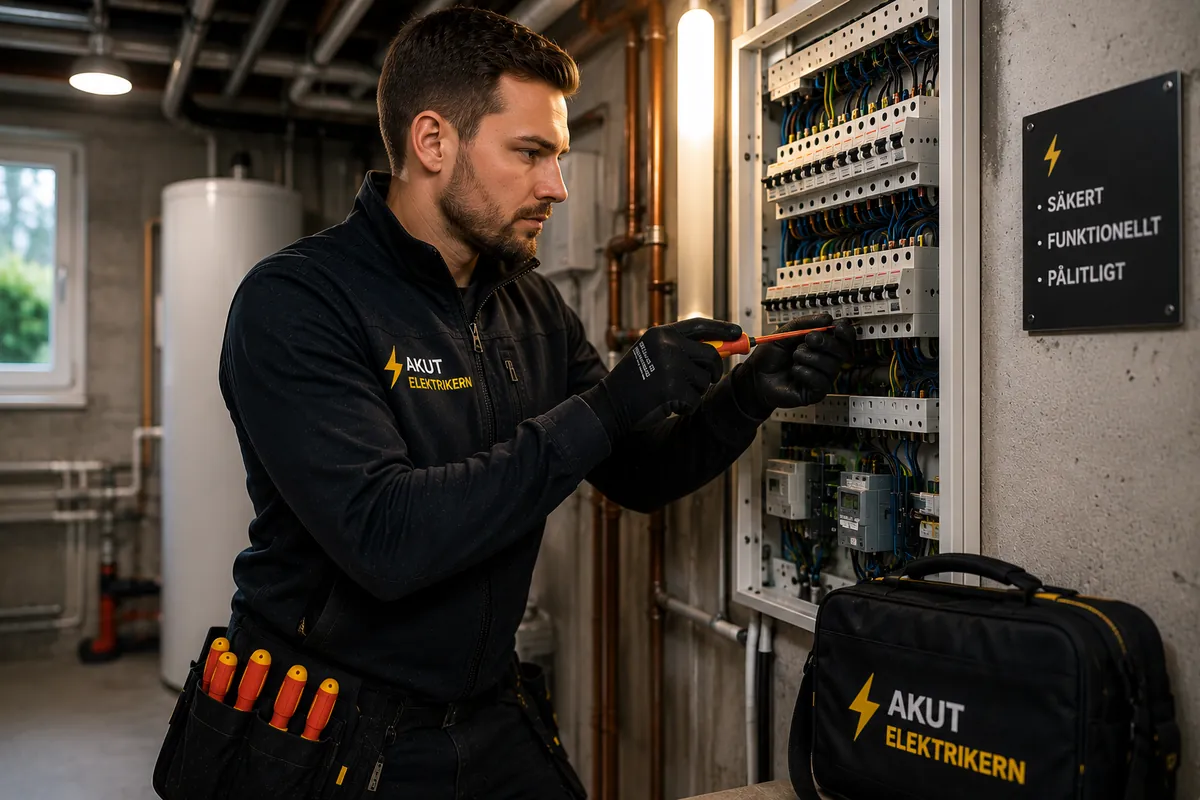 Elektriker arbetar i en fastighets elcentral.