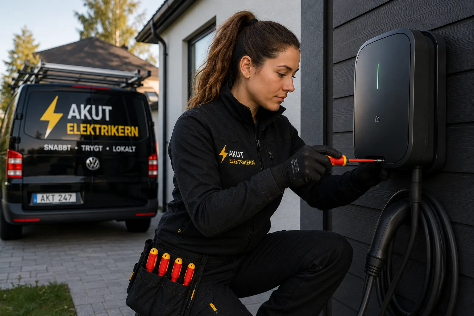 Elektriker felsöker laddbox vid villa