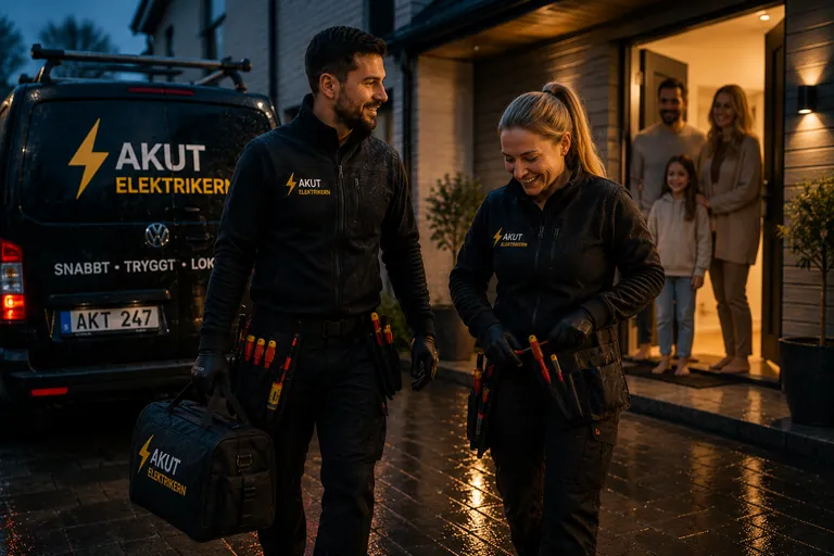 Elektriker möts av familjen vid dörren.
