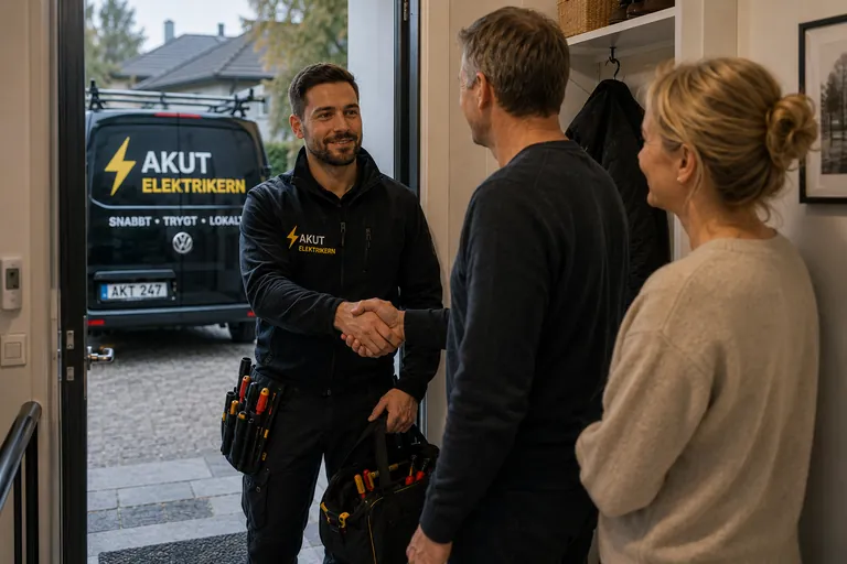 Elektriker och kund tar i hand efter avslutat arbete.