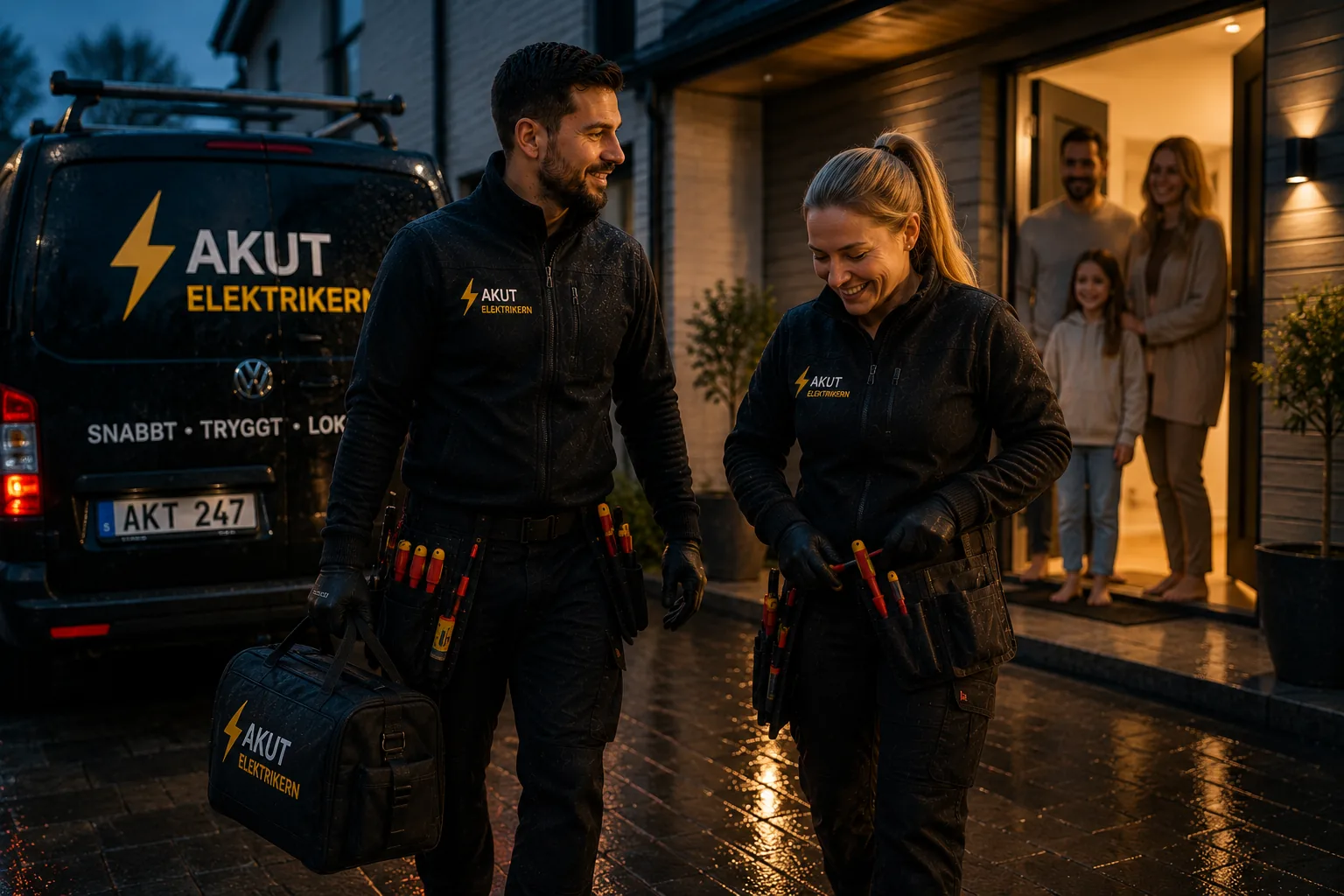Två elektriker lämnar ett avslutat jouruppdrag vid en villa