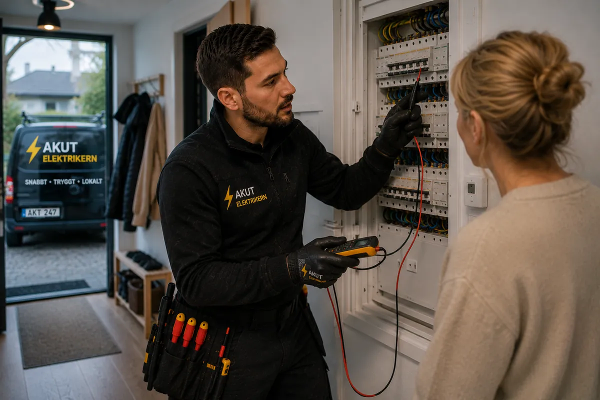 Elektriker går igenom arbetet med kunden.