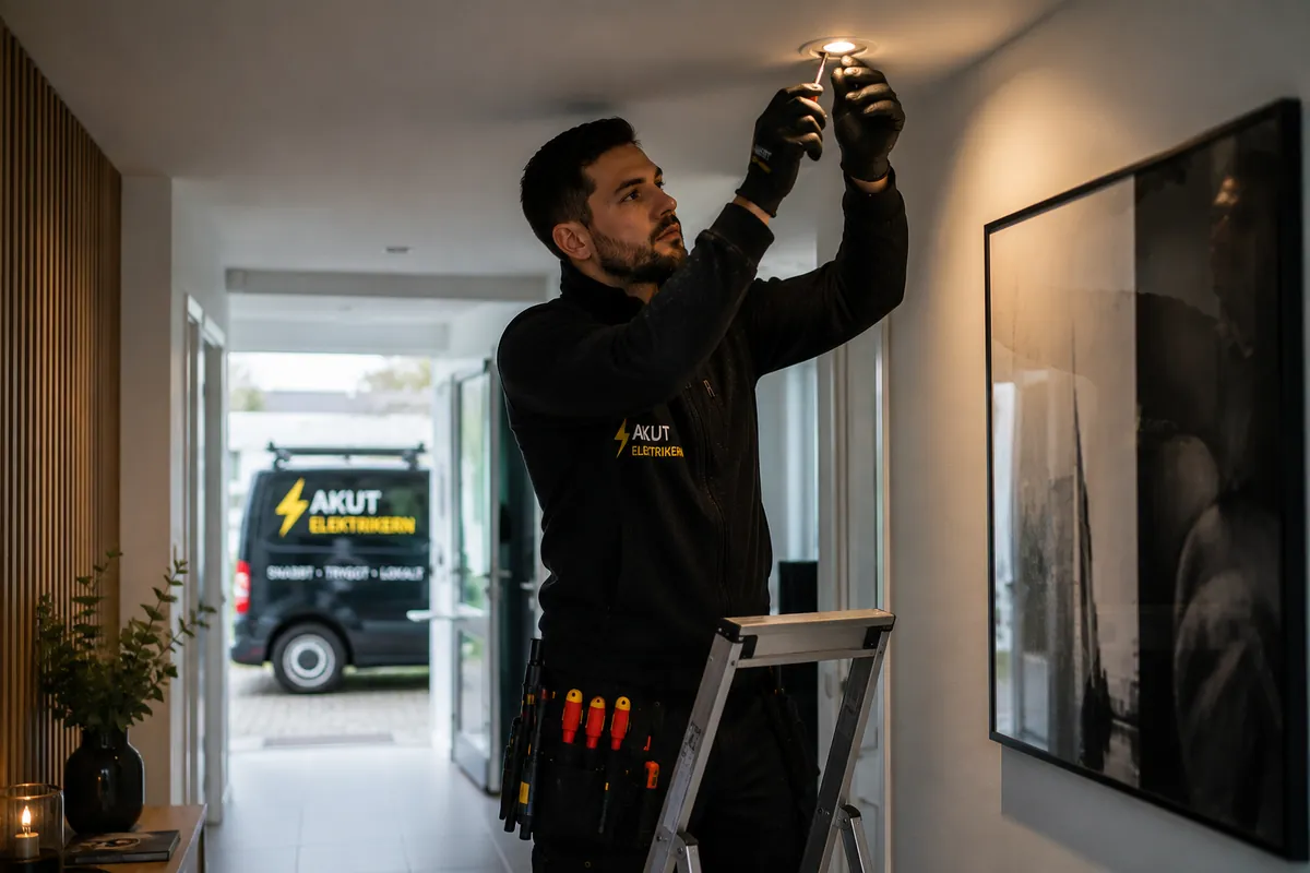 Elektriker arbetar med lampor som blinkar i Borås.