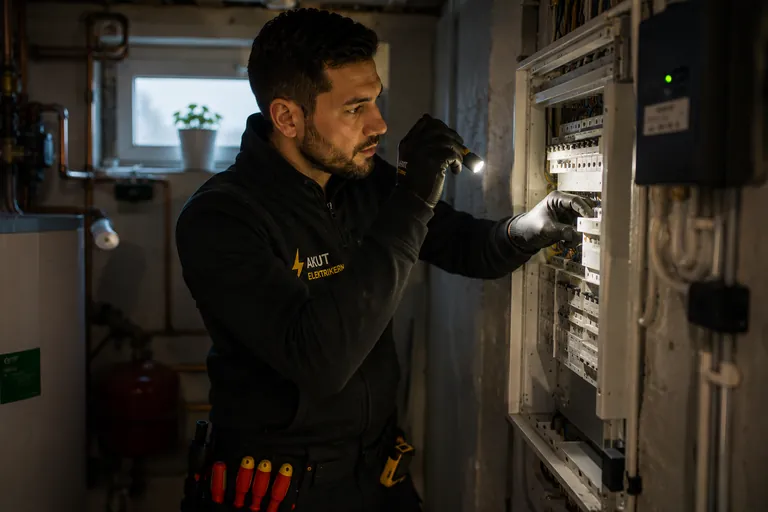Elektriker felsöker i mörker.
