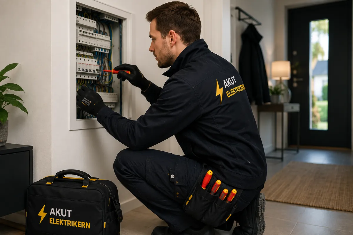 Elektriker byter säkring i elcentral.