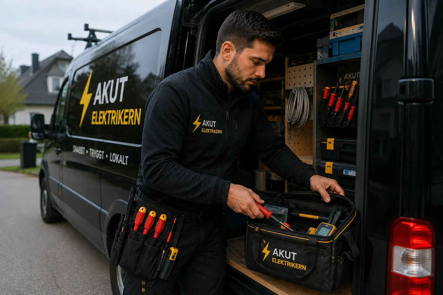 Elektriker förbereder utrustning vid servicebilen