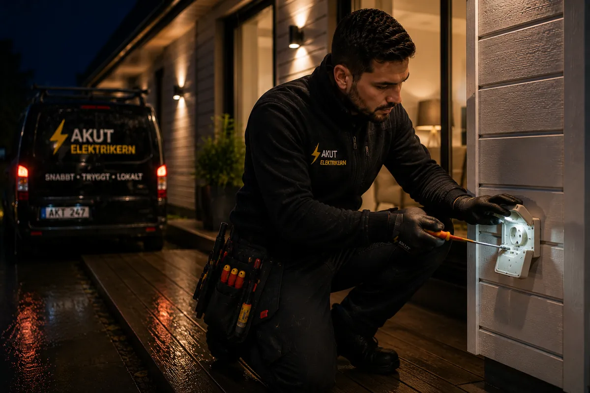 Elektriker undersöker ett skadat eluttag.