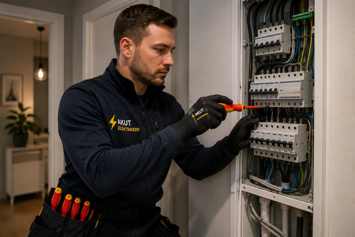 Elektriker kontrollerar varmgång i en elcentral.